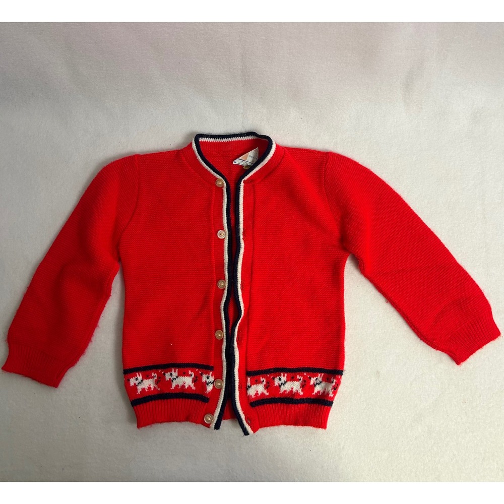 Vintage Toddletime Kid Sm‎ Red Scottie Dog Orlon Acrylic Knit Cardigan Sweater